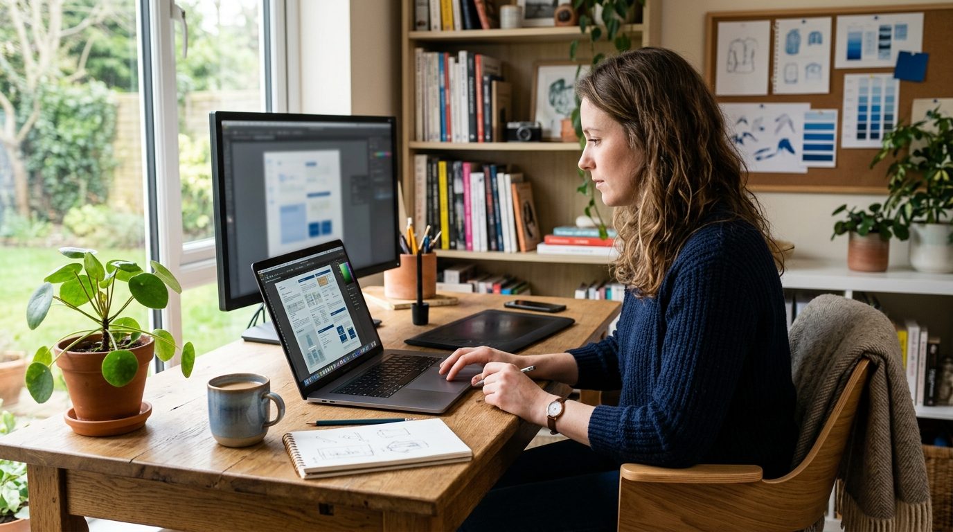 Freelance designer using Pitchcraft AI tool to build a personalized application pack on a laptop